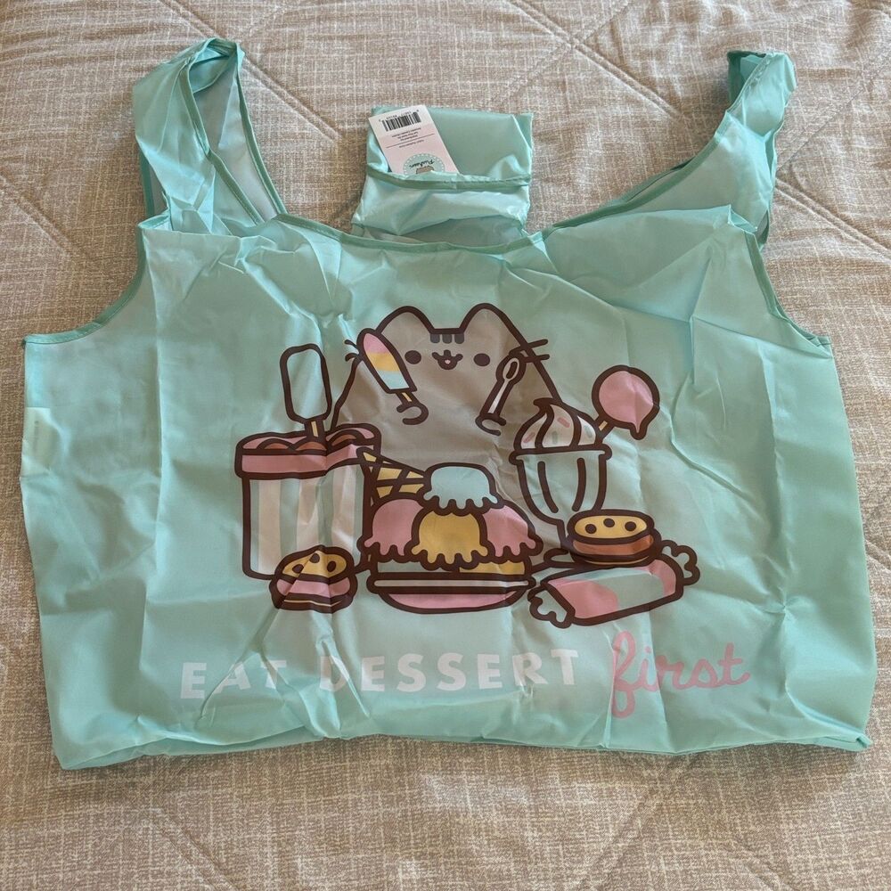 NWT Pusheen The Cat "Eat Dessert First" Foldable Reusable Shopping Tote Bag